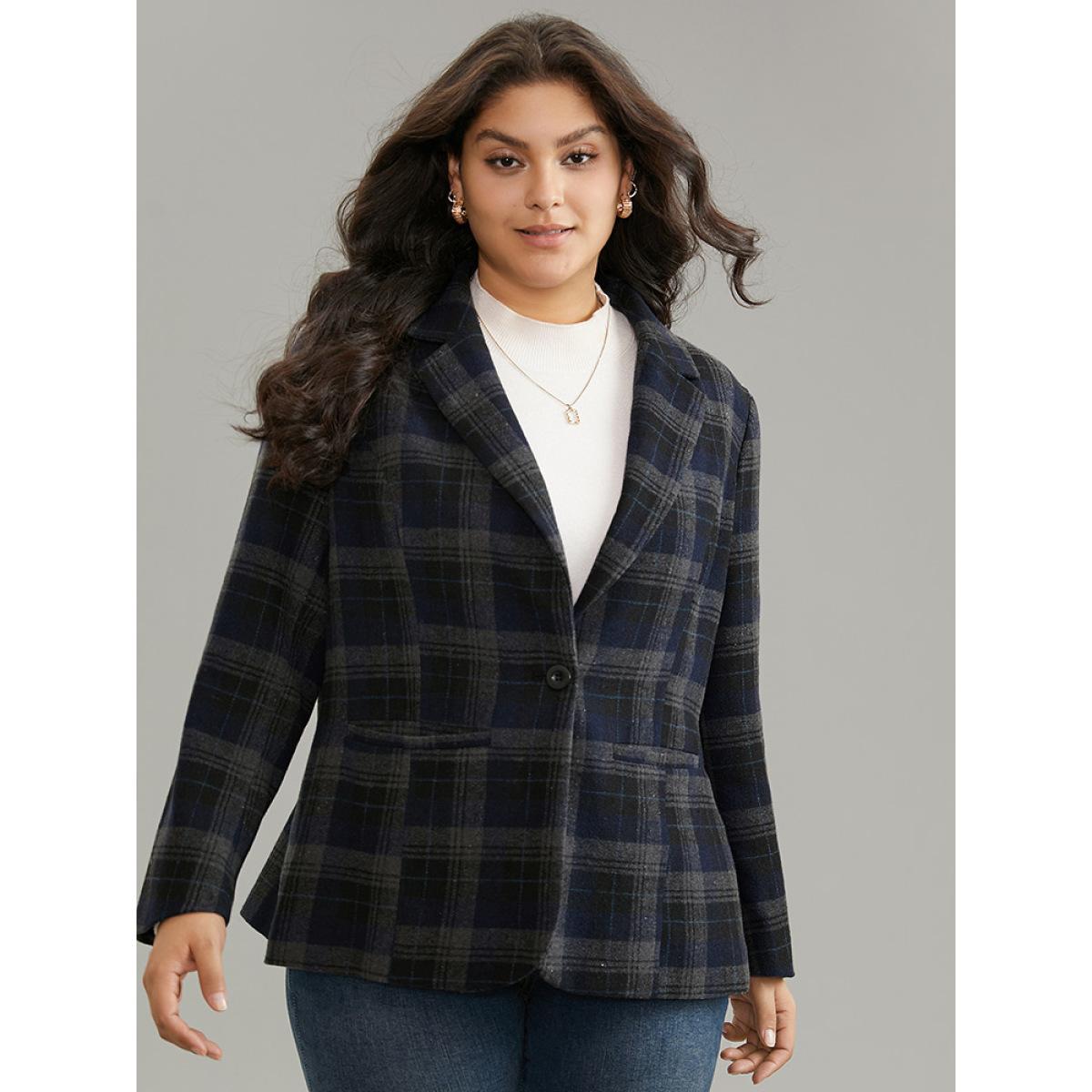 Plus Size Plaid Button Up Suit Collar Blazer Midnight Women Dailywear Plaid Lined Sleeve Long Sleeve Suit Collar 22-24/3X Pocket Casual Blazers BloomChic Product Image