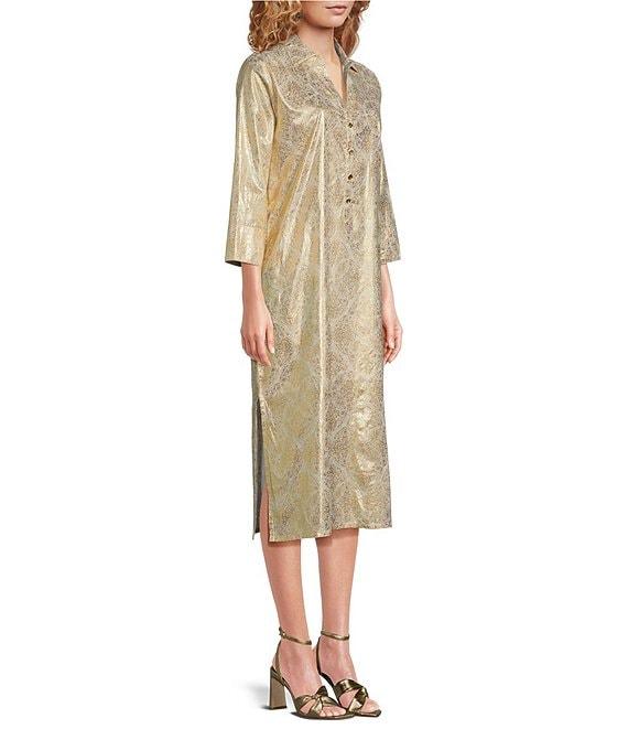 Jude Connally Kallan Cotton Voile Gold Foil Medallion Print Point Collar Shift Midi Dress Product Image