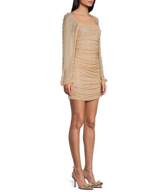Honey and Rosie Long Sleeve Glitter Knit With Pearls Shirred Fitted Dress Product Image
