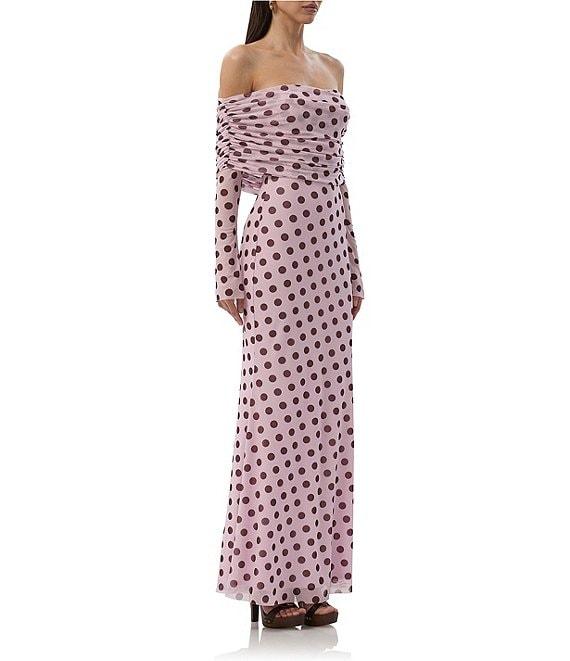 AFRM Thelma Dot Print Off-The-Shoulder Long Sleeve Mesh Maxi Dress Product Image