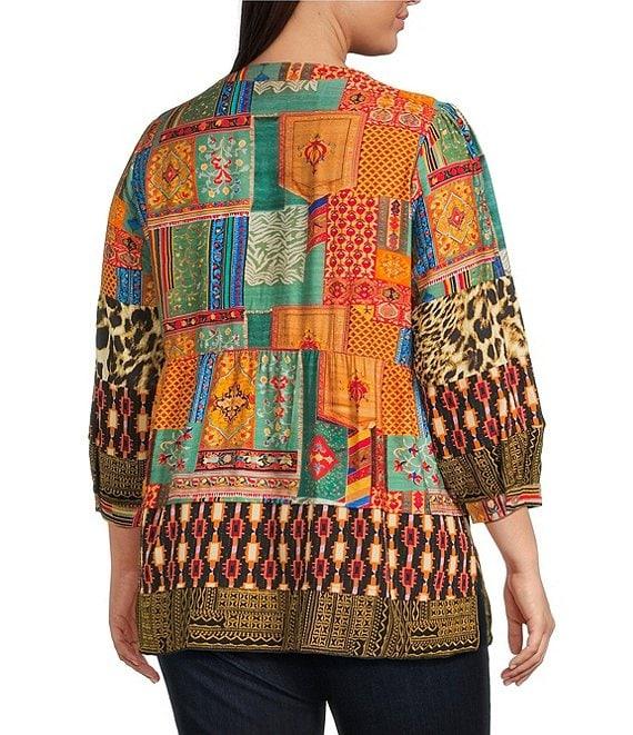 Calessa Plus Size Embroidered Patchwork Split V-Neck 3/4 Sleeve Tunic Product Image