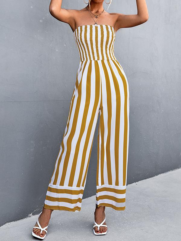 Loose Sleeveless Contrast Color Elasticity Striped Tube Jumpsuits Product Image