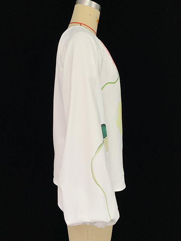 Long Sleeves Loose Elasticity Flower Print Pleated Round-neck Blouses&shirts Tops Product Image