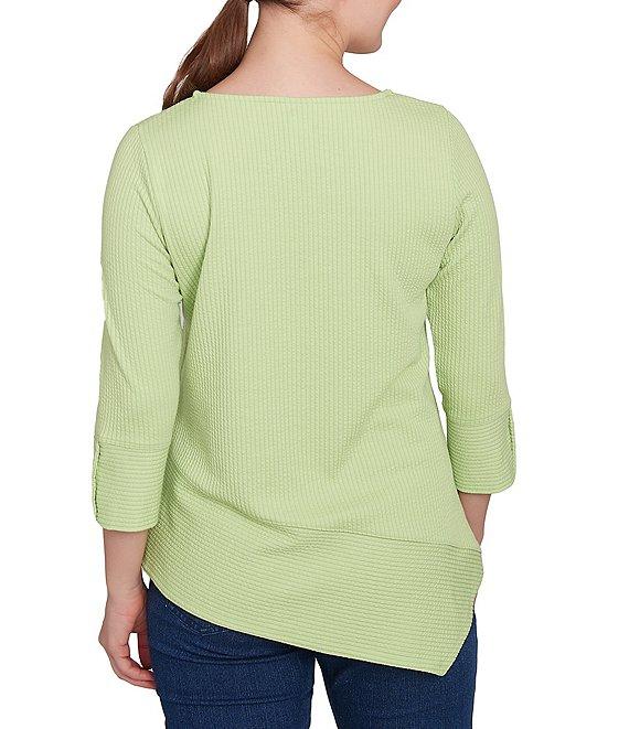 Ruby Rd. Knit Cable Stripe Square Neck 3/4 Sleeve Asymmetric Hem Top Product Image