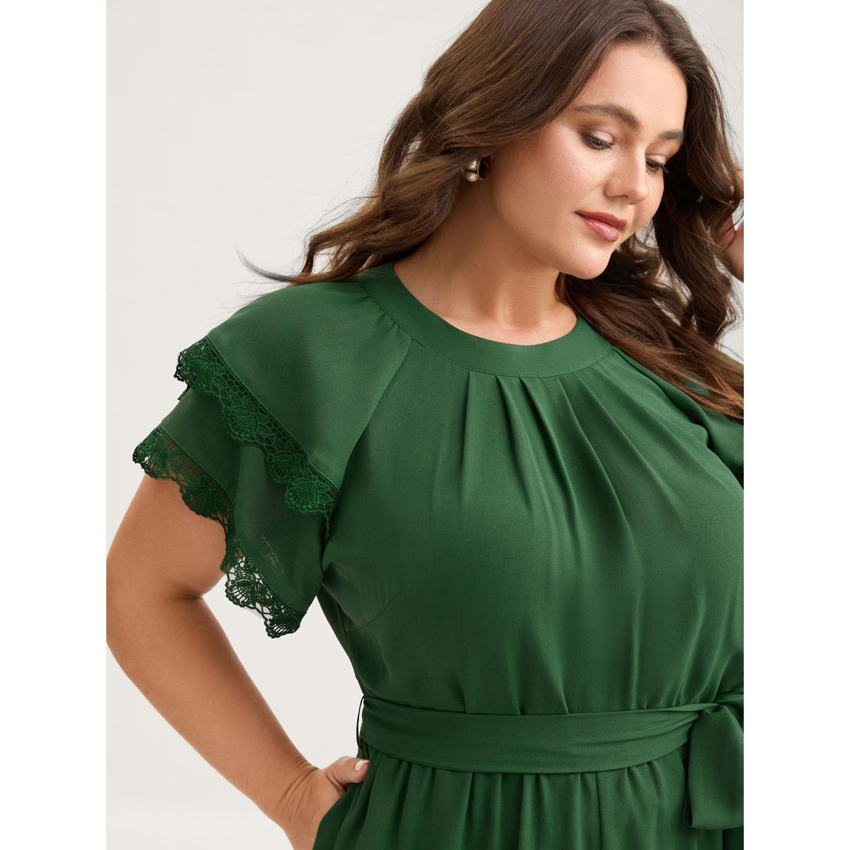Plus Size DarkGreen Layered Lace Sleeve Belted Solid Jumpsuit Women Cap Sleeve Round Neck Elegant Loose Jumpsuits BloomChic 26/4X Product Image