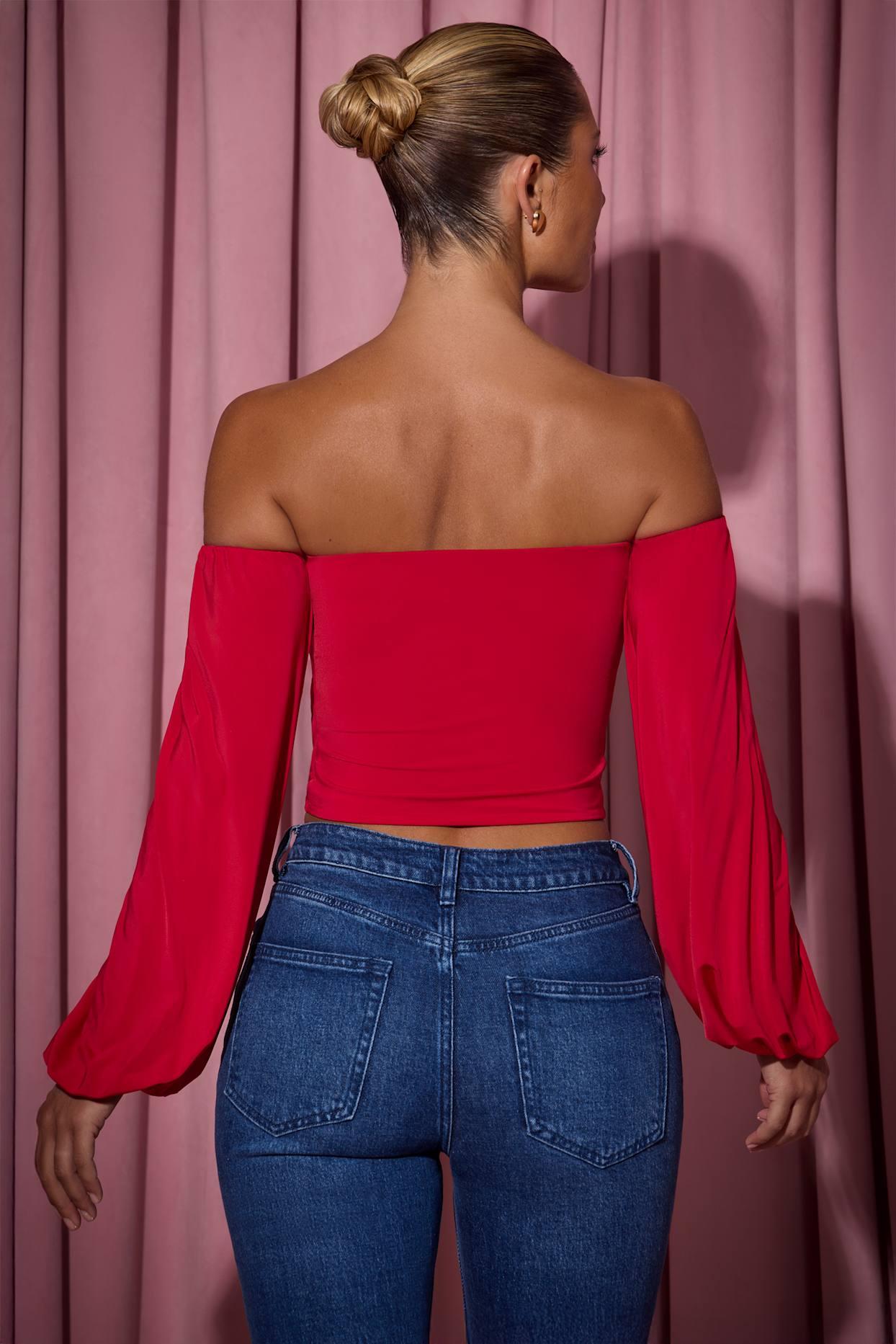 Off-Shoulder Draped Balloon-Sleeve Top in Red Female Product Image