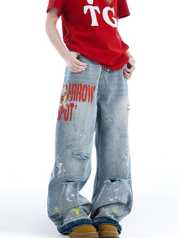 Vintage Washed Embroidery Boyfriend Jeans Product Image