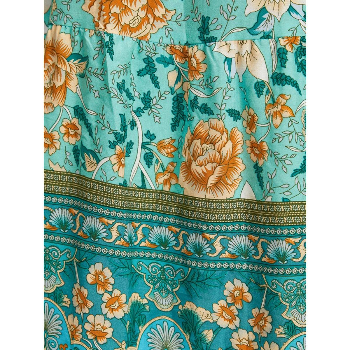 Plus Size Bandana Tassels Lantern Sleeve Ruffle Pocket Keyhole Neck Dress Aquamarine Women Resort V-neck Elbow-length sleeve Curvy Midi Dress BloomChic 26/4X Product Image