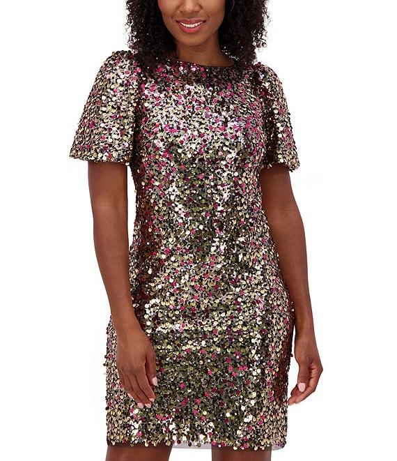 Eliza J Sequin Boat Neck Short Puff Shift Dress Product Image