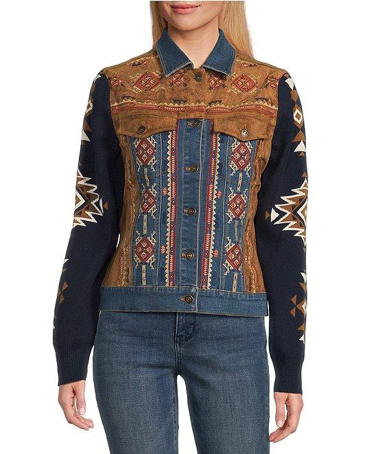 Reba Faux Suede Denim Knit Jacquard Point Collar Long Sleeve Embroidered Button Front Jacket Product Image