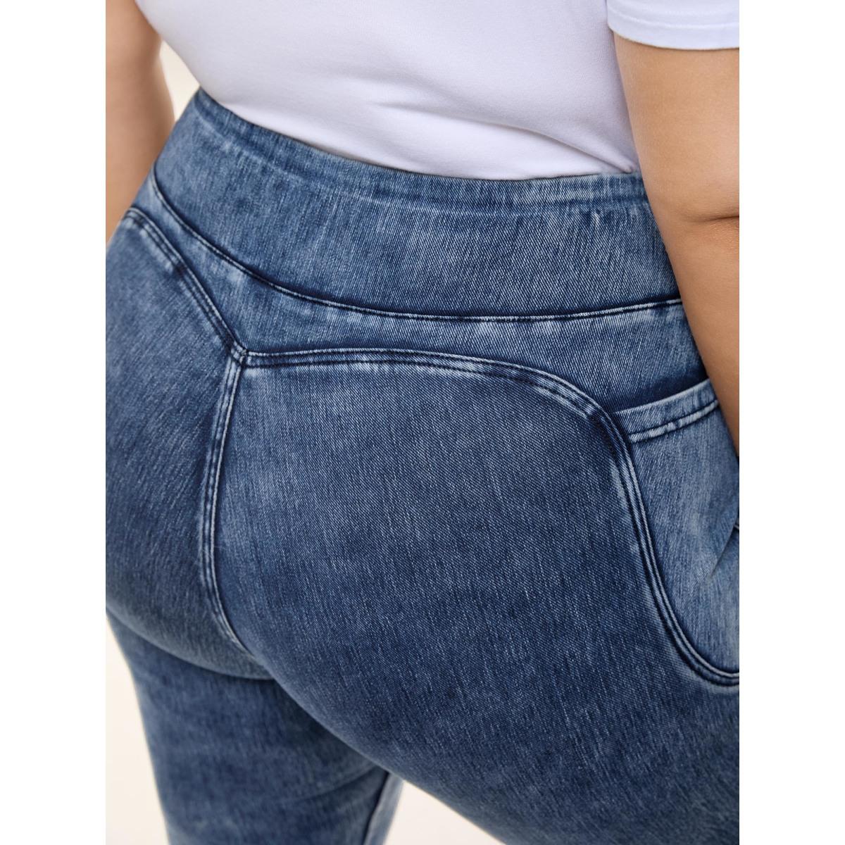 Plus Size Yoga Stretch Skinny Fit Knit Denim Women Midblue Elegant High stretch Slanted pocket Jeans BloomChic 12/L Product Image
