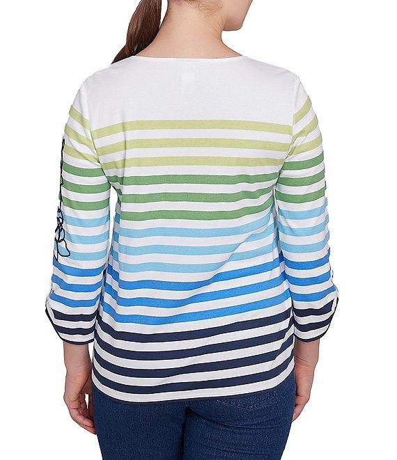 Ruby Rd. Petite Size Mixed Color Stripe Soft Knit Floral Embroidered Detail Scoop Neck 3/4 Sleeve Top Product Image
