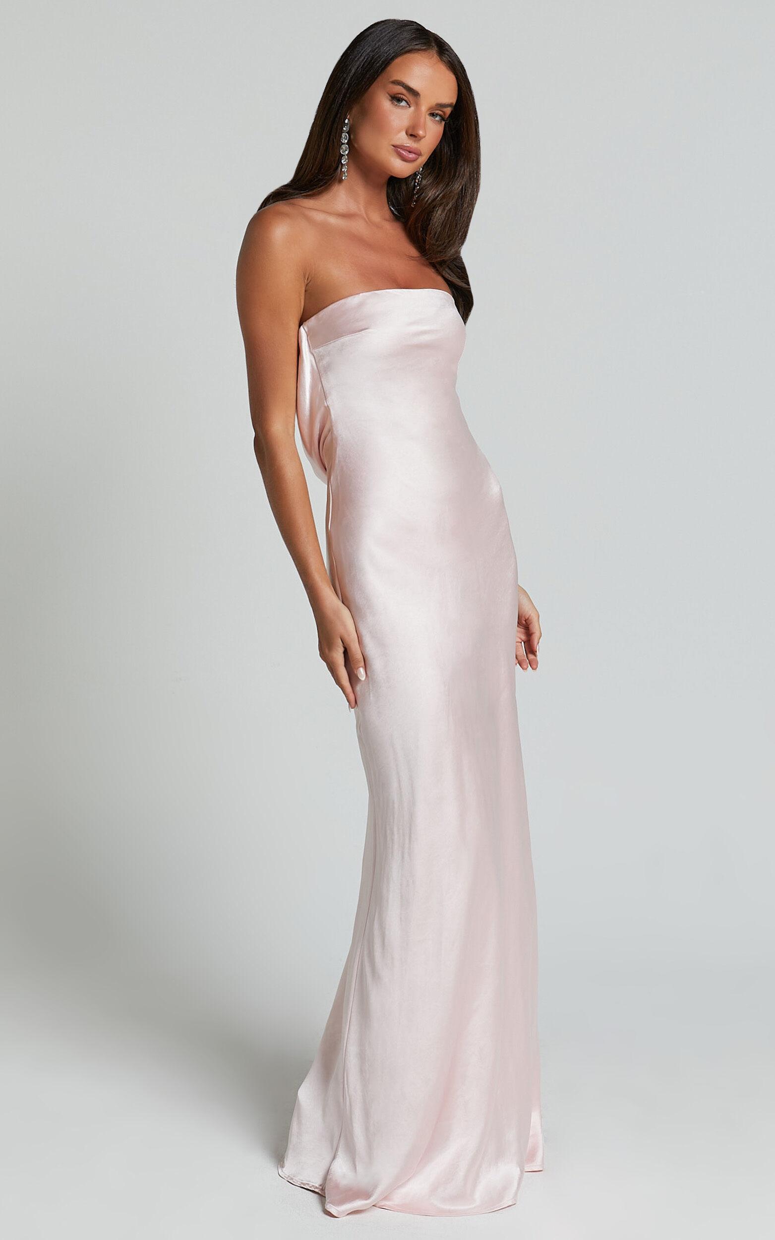 Charlita Maxi Dress - Strapless Cowl Back Satin Dress in Pale Pink Product Image