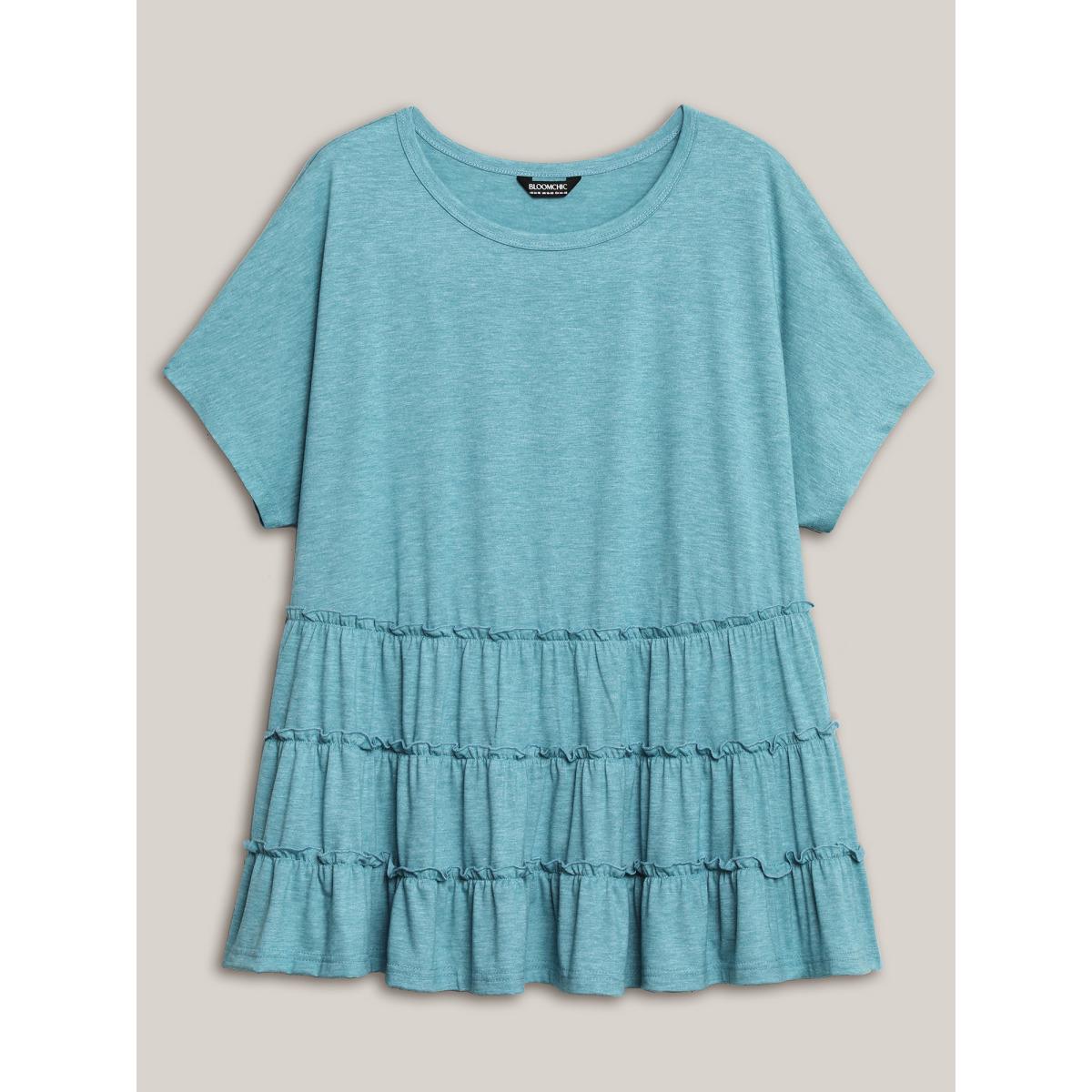 Plus Size Tiered Petal Trim Crew Neck T-Shirt Stone Women Leisure Gathered Round Neck Casual T-shirts BloomChic 18-20/2X Product Image