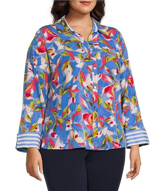 Investments Plus Size Woven Whimsy Floral Stripe 3/4 Sleeve Point Collar Button Front Split Cuff Top Product Image