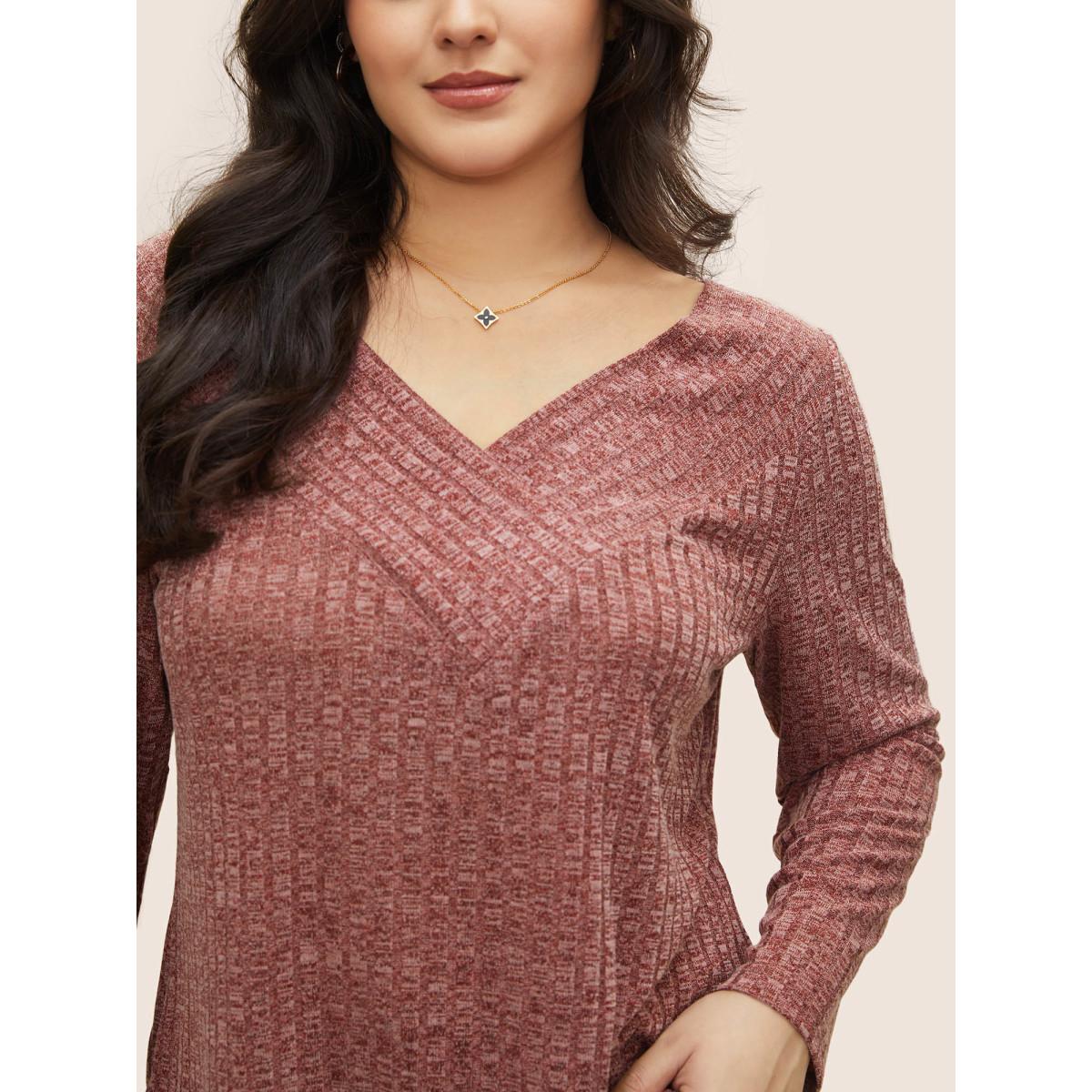 Plus Size Heather Plisse Long Sleeve T-shirt Russet Women Elegant Non Colorblock V-neck Everyday T-shirts BloomChic 14-16/1X Product Image