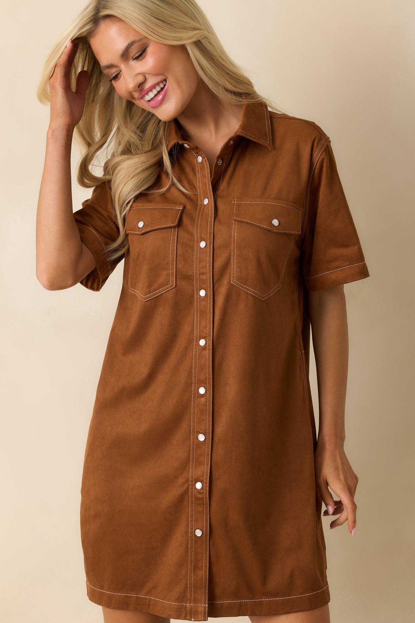 Many Possibilities Cinnamon Brown Button Up Mini Dress L / Brown Product Image