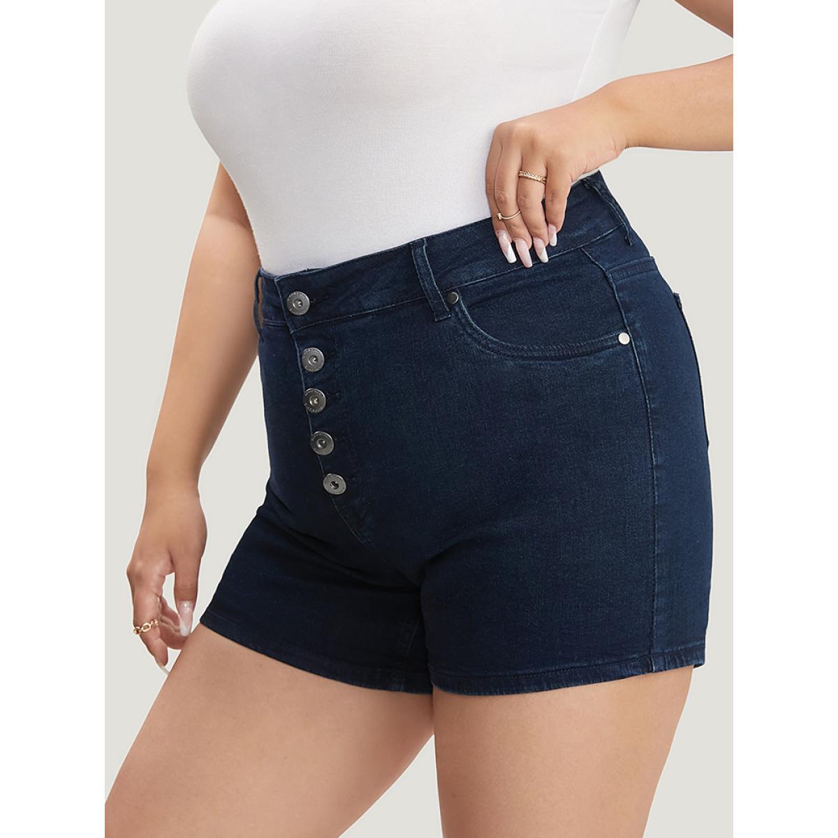 Plus Size Slightly Stretchy High Rise Dark Wash Single Breasted Denim Shorts Women DarkBlue Casual Plain Button Low stretch Pocket Jeans BloomChic 26/4X Product Image