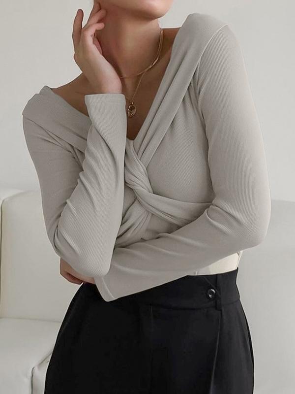 Off Shoulder Crossover Twist Front Long Sleeve Knit Product Image