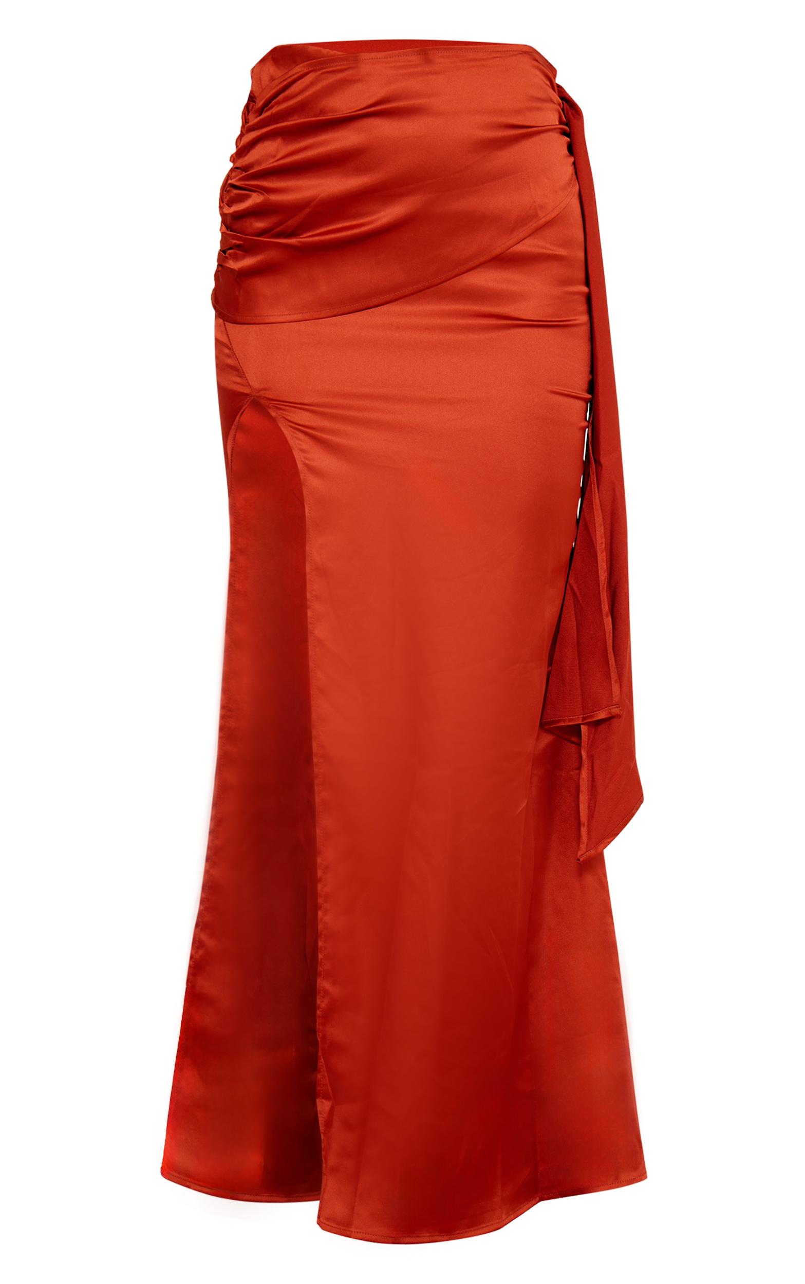 Rust Heavy Satin Knot Front Maxi Skirt Product Image