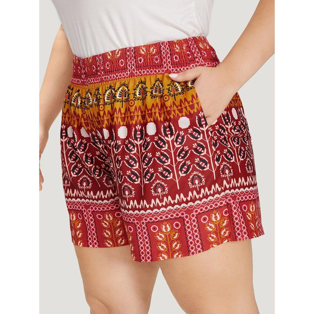Plus Size Boho Print Pocket Elastic Waist Shorts Women Multicolor Vacation Shirred Dailywear Shorts BloomChic 30/6X Product Image