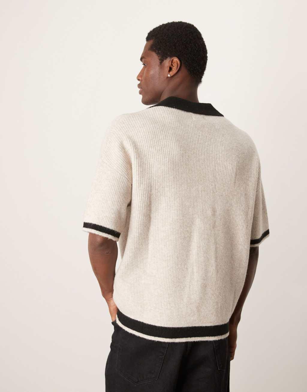 ASOS DESIGN relaxed knit button through polo in ecru with contrast seams Product Image