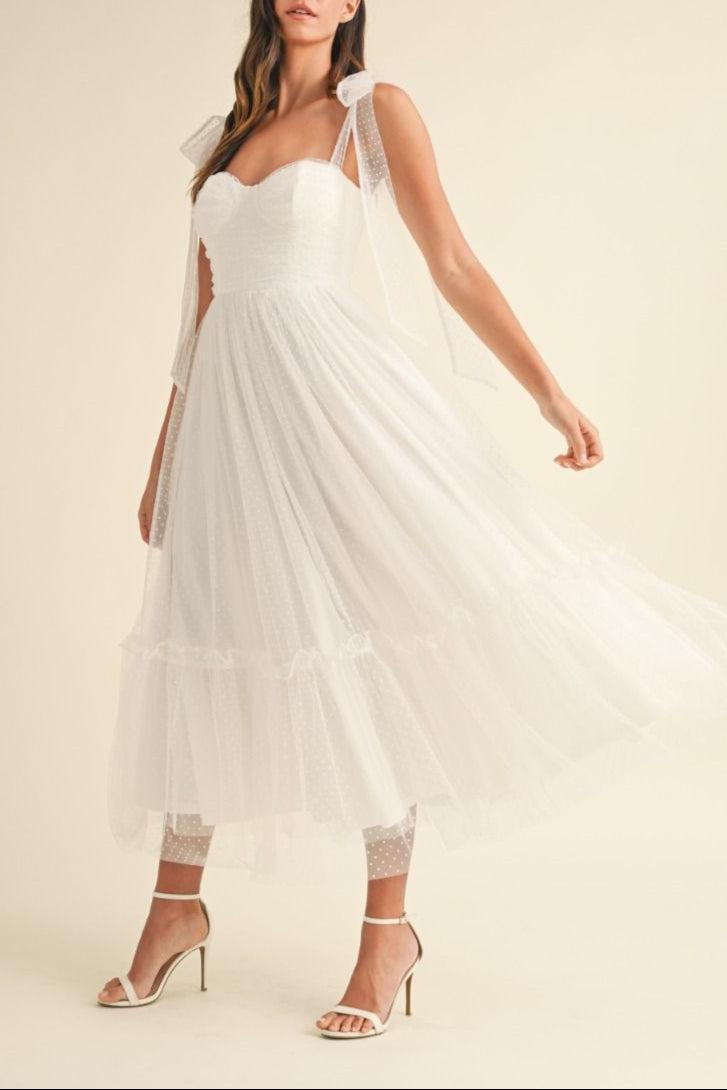 Polka Dot Mesh Tie Shoulder Midi Dress Product Image