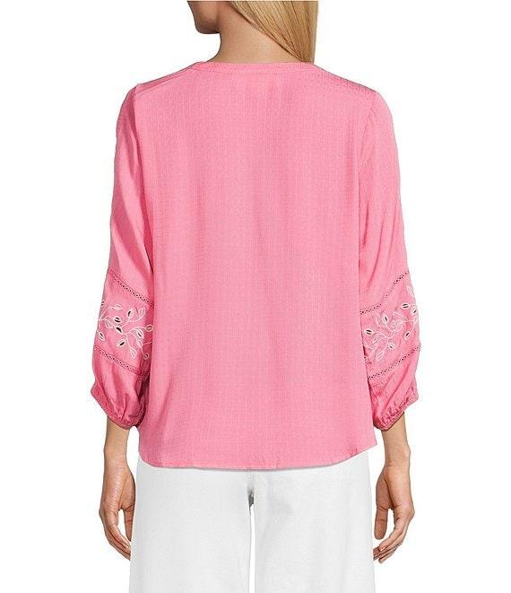 Nurture Embroidered 3/4 Sleeve V-Neck Placket Top Product Image