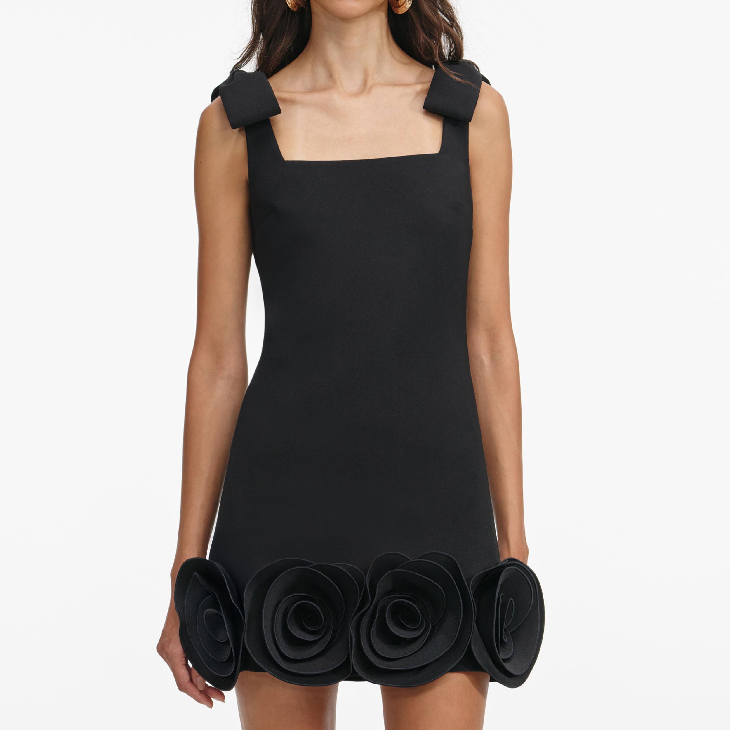 Black Crepe 3D Flower Mini Dress Product Image