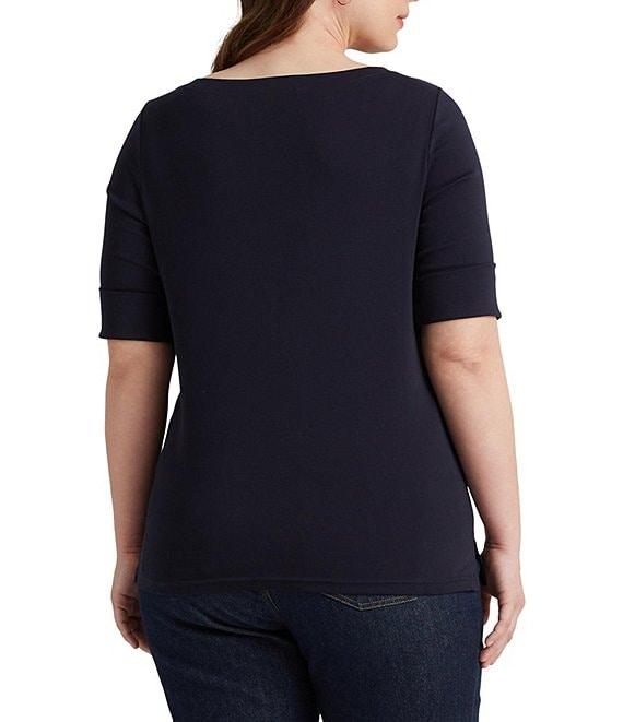 Lauren Ralph Lauren Plus Size Stretch Cotton Boat Neck Short Folded Elbow Sleeve Top Product Image