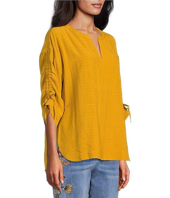 John Mark Woven Y-Neck 3/4 Cinched Sleeve Hi-Low Hem Tunic Product Image