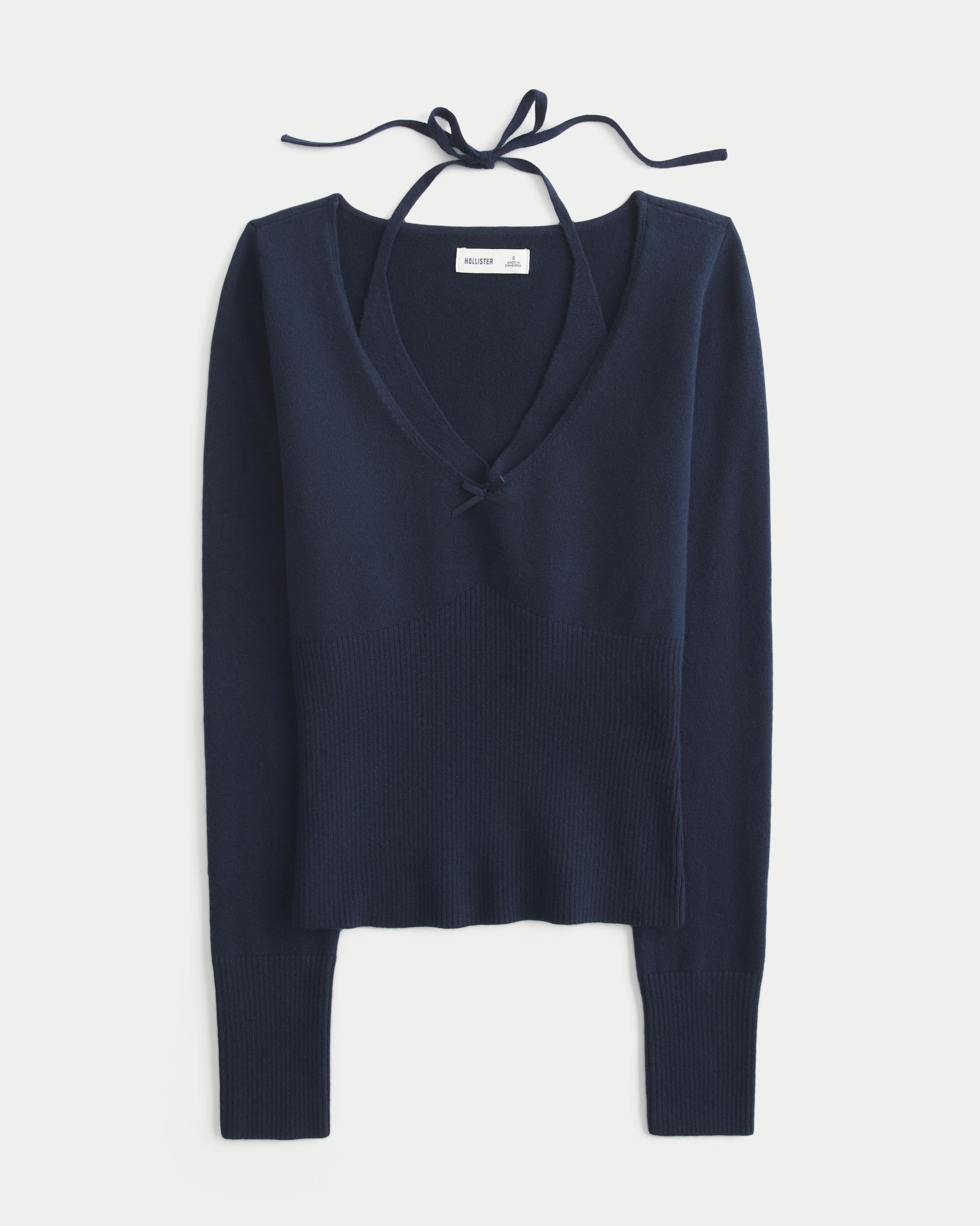 Long-Sleeve Halter Tie Sweater Product Image