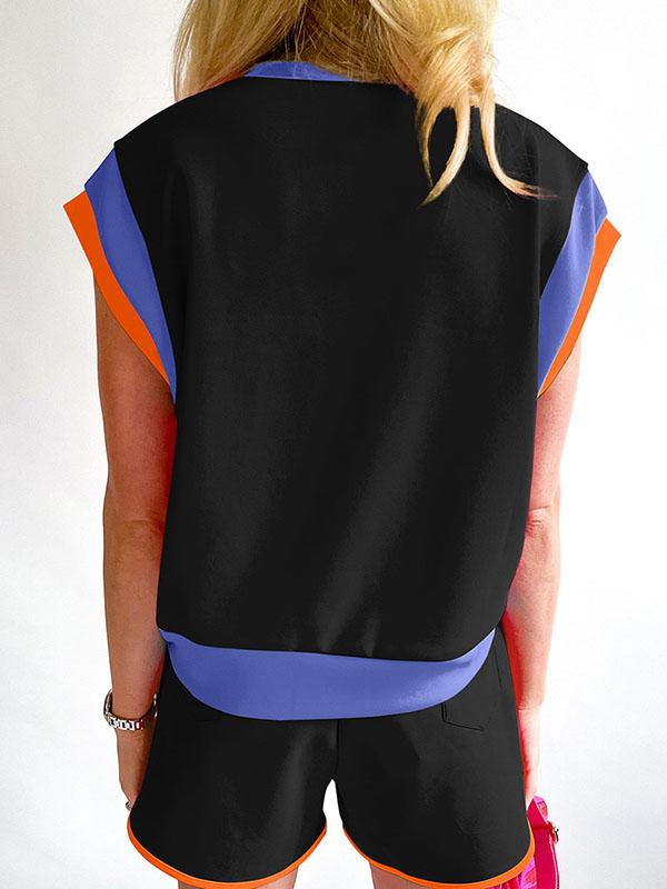 Contrast Color Short Sleeves Round-Neck T-Shirt + Elasticity Shorts Two Pieces Set Product Image