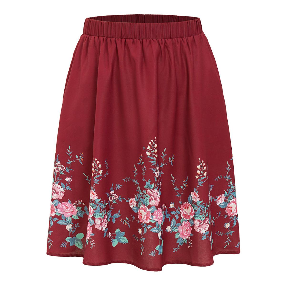 Plus Size Floral Print Pocket Flutter Hem Skirt Women Burgundy Elegant Printed No stretch Pocket Dailywear Skirts BloomChic 28/5X Product Image