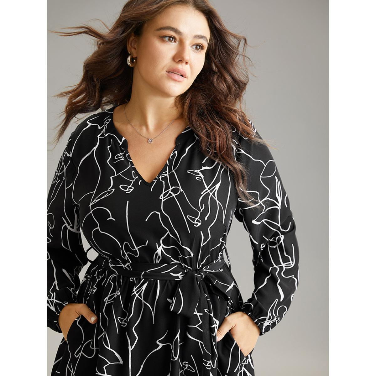 Plus Size Geometric Print Pocket Notched Belted Dress Black Women Elegant Elastic cuffs Notched collar Long Sleeve Curvy Midi Dress BloomChic 14-16/1X Product Image
