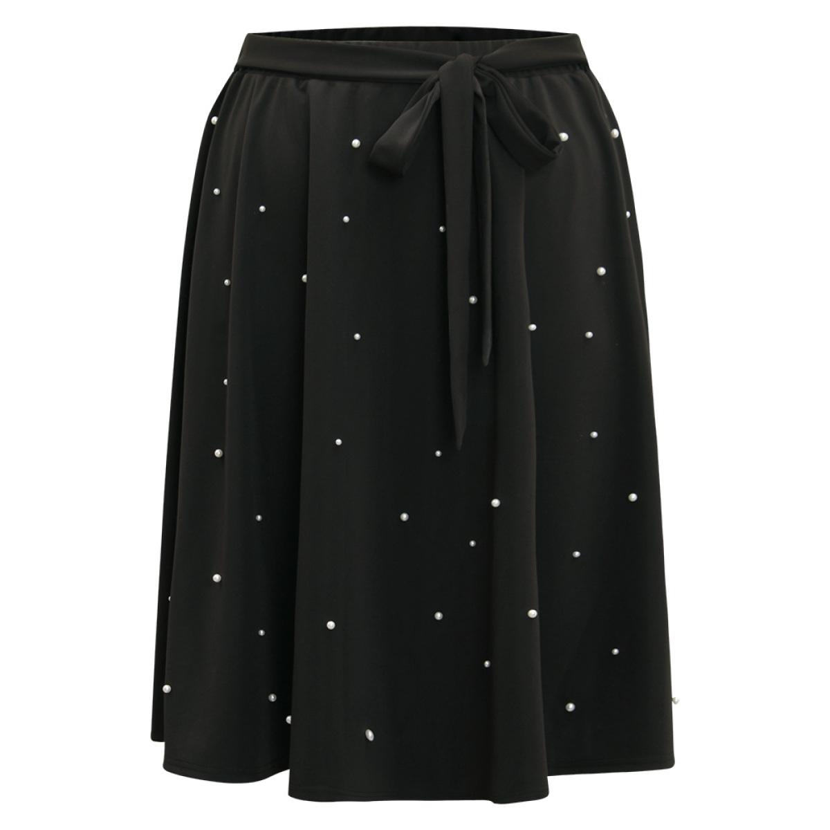 Plus Size Pearl Beaded Ties Cropped Skirt Women Black Elegant Beaded Low stretch Dailywear Skirts BloomChic 10/M Product Image