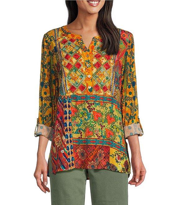 John Mark Floral Printed Y-Neck 3/4 Roll-Tab Sleeve Tunic Top Product Image