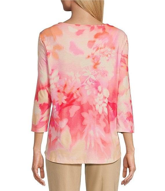 Allison Daley Ombre Floral Print 3/4 Sleeve Keyhole Neck Knot Knit Top Product Image