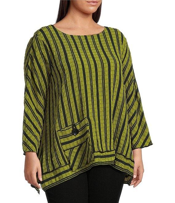 Ali Miles Plus Size Textured Yarn-Dye Woven Stripe Round Neck 3/4 Sleeve Tunic Product Image