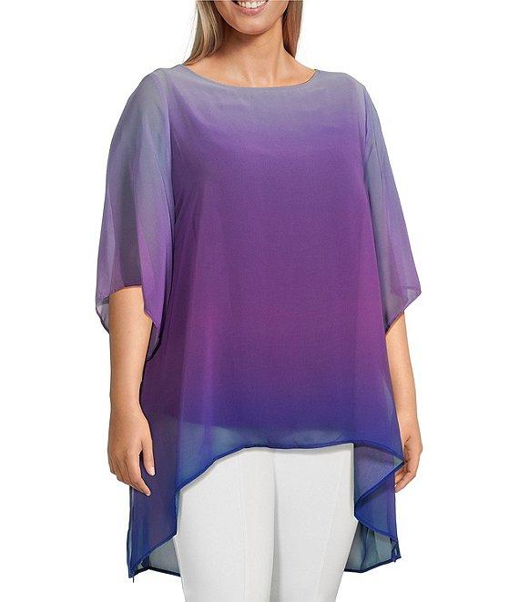 Slim Factor by Investments Plus Size Ombre Border Print Boat Neck 3/4 Sleeve Lined Tunic Product Image