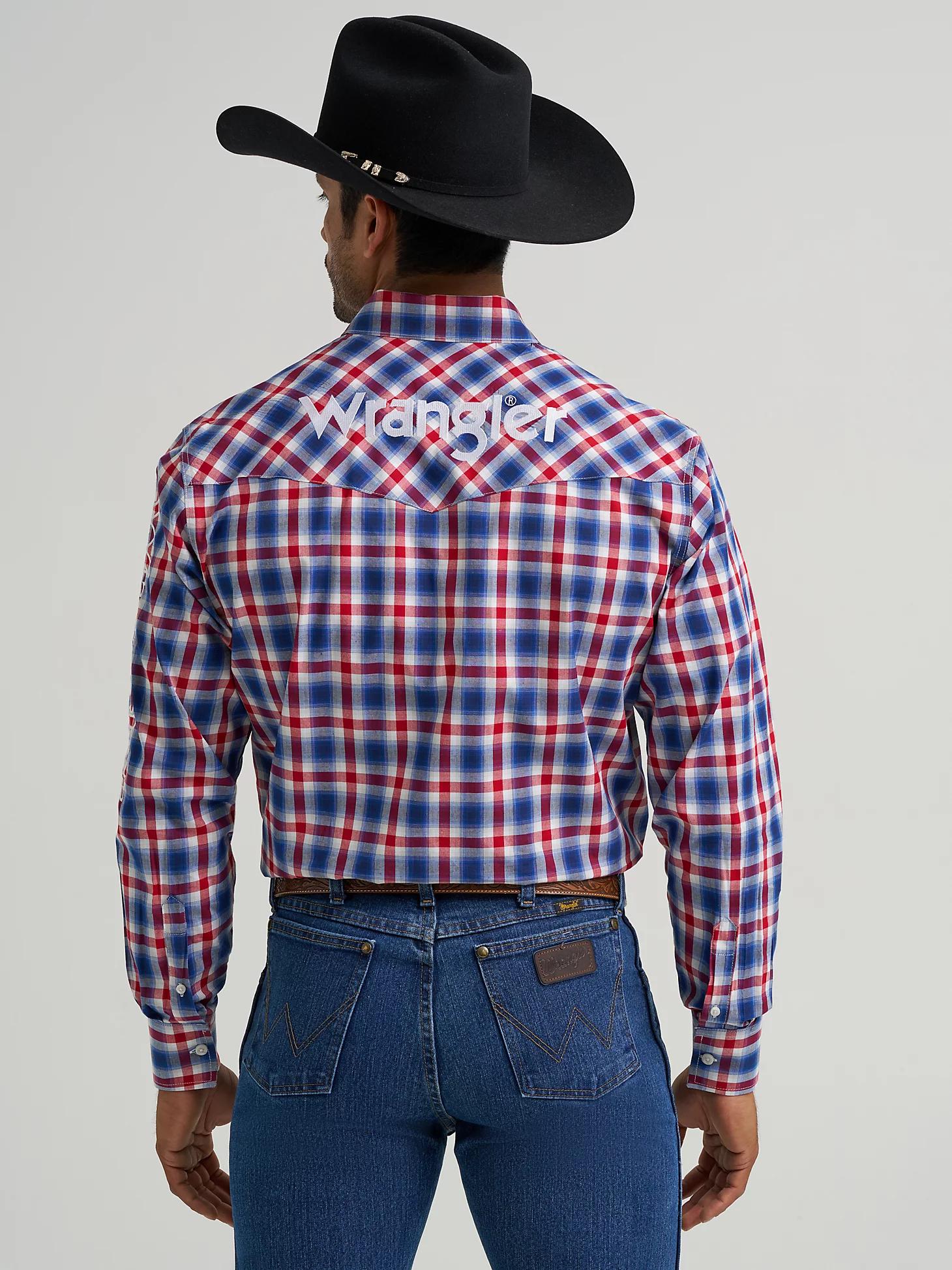 Men's Wrangler® Logo Long Sleeve Button-Down Plaid Shirt in Americana Product Image