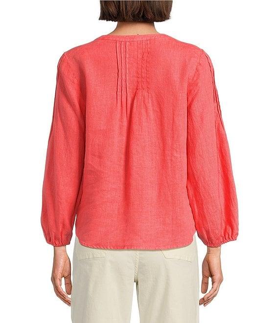 Tommy Bahama Coastalina Pintuck Solid Linen Plain Weave Split V-Neck Long Sleeve Peasant Top Product Image