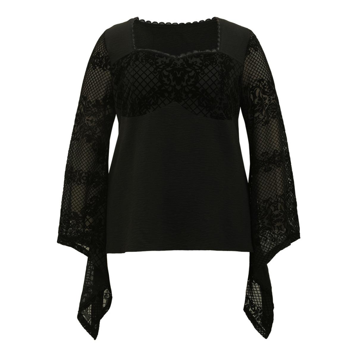 Plus Size Black Halloween Floral Eyelet Lace Mesh Bell Sleeve Blouse Women Elegant Long Sleeve Square Neck Festival-Halloween Blouses BloomChic 10/M Product Image