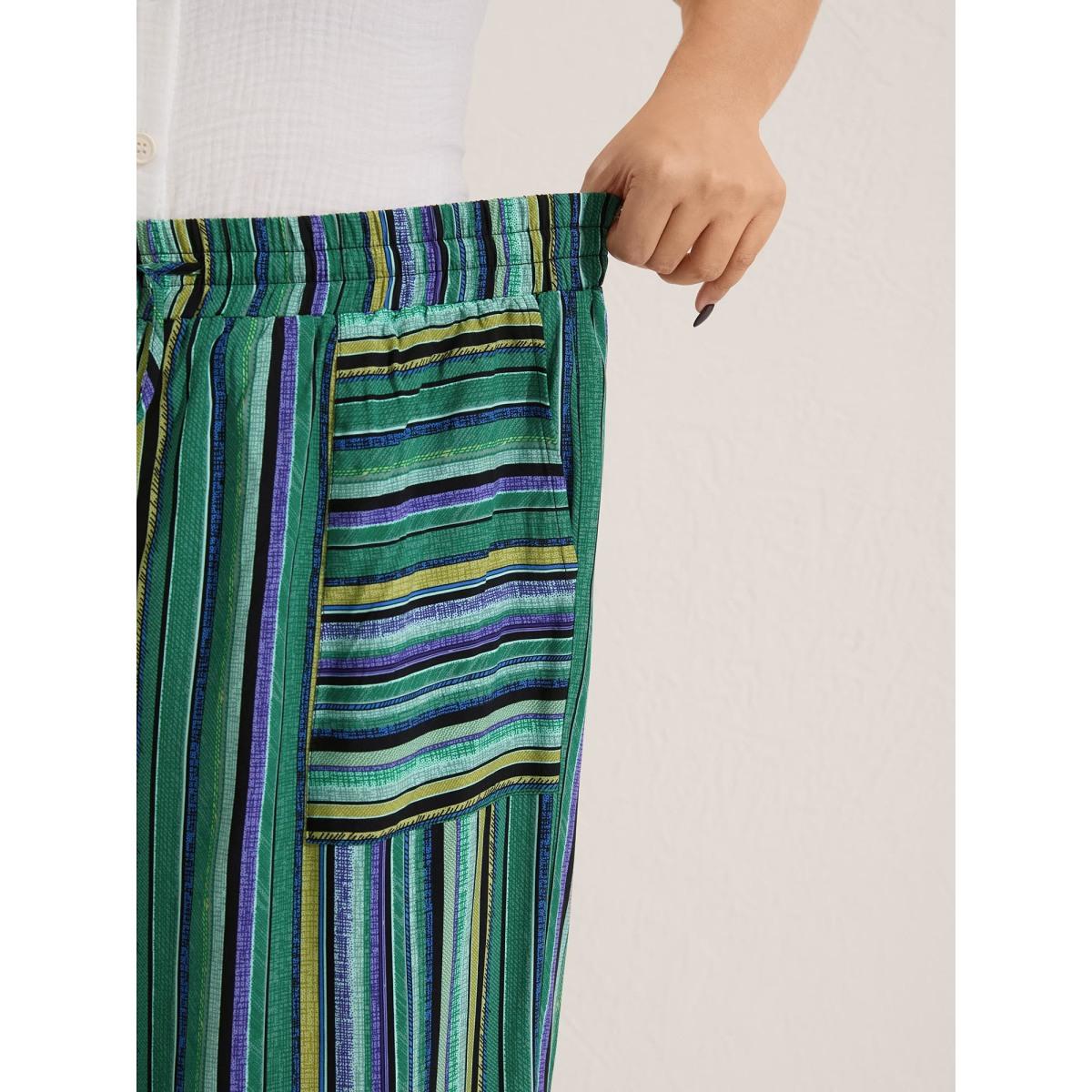 Plus Size Boho Stripes Drawstring Wide-Leg Pants Women Emerald Boho Wide Leg Mid Rise Vacation Pants BloomChic 12/L Product Image