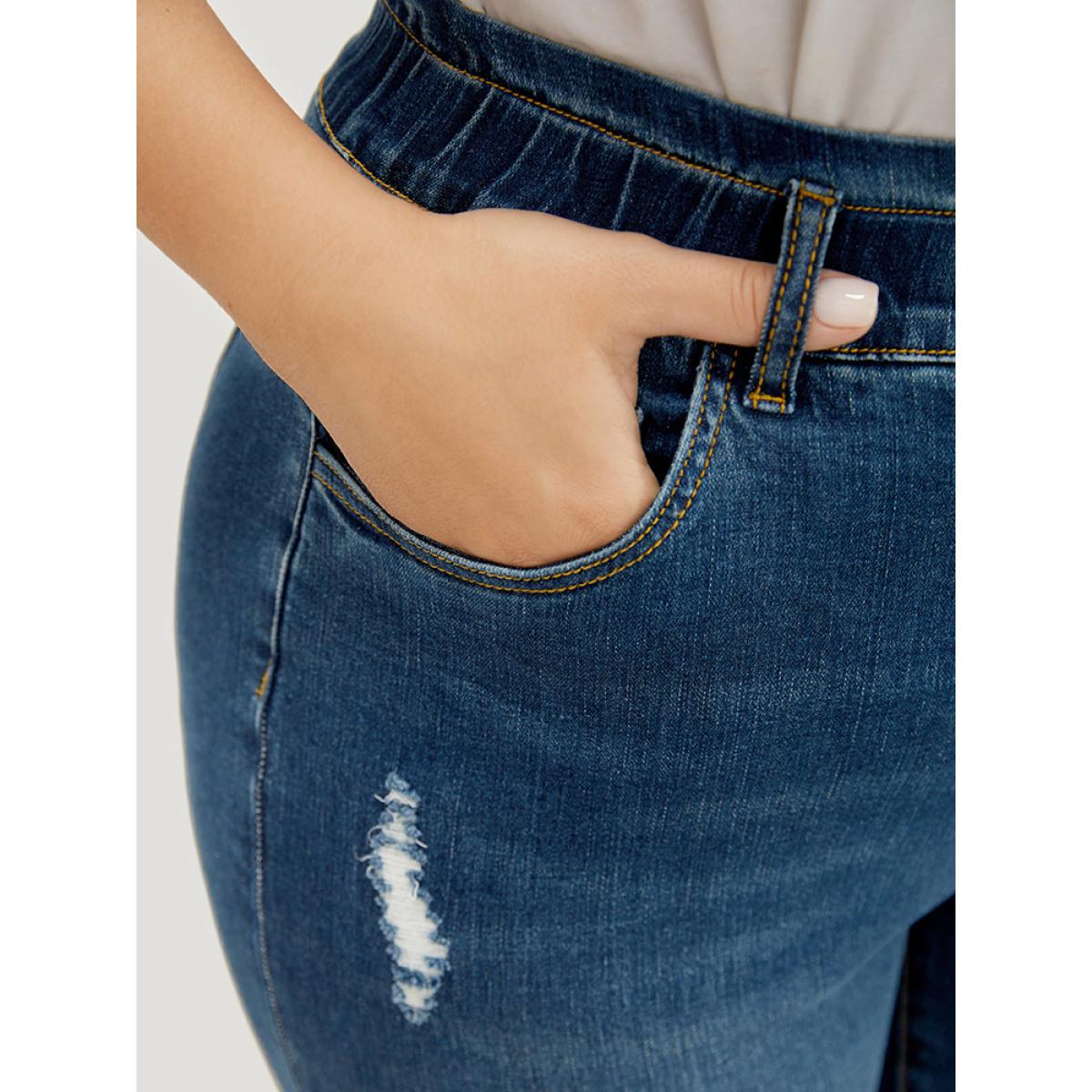 Plus Size Very Stretchy High Rise Medium Wash Ripped Jeans Women Indigo Casual Plain High stretch Pocket Jeans BloomChic 28/5X Product Image