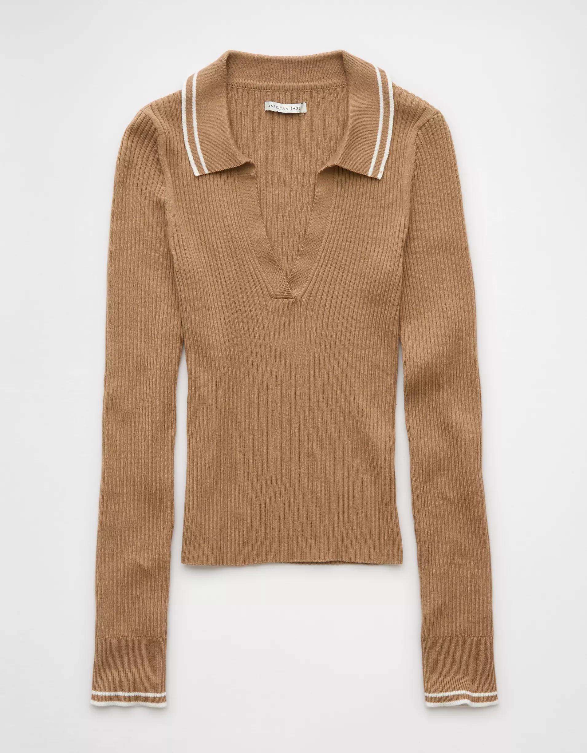 AE Long-Sleeve Collared Polo Sweater Product Image