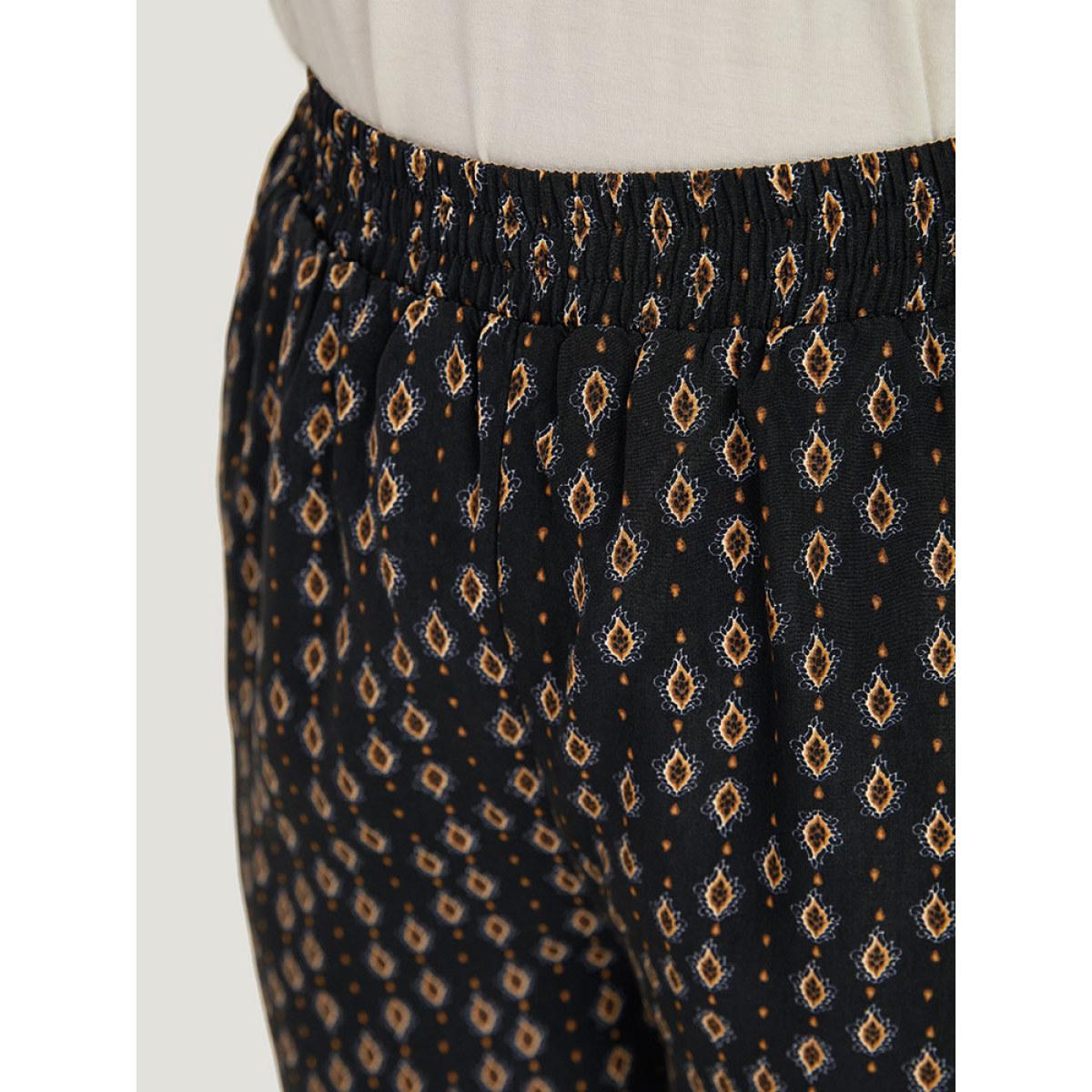 Plus Size Boho Print Pocket Elastic Waist Pants Women Black Casual High Rise Dailywear Pants BloomChic 28/5X Product Image