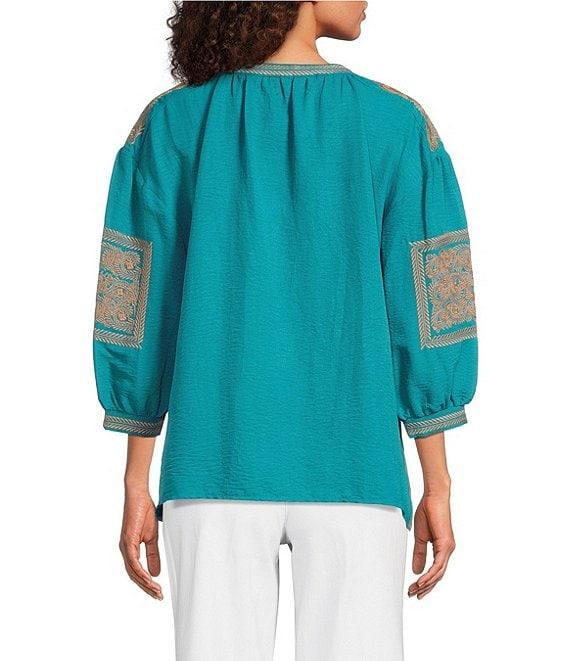 Calessa Petite Size Crinkle Textured Foulard Embroidered Split V-Neck 3/4 Sleeve Tunic Product Image
