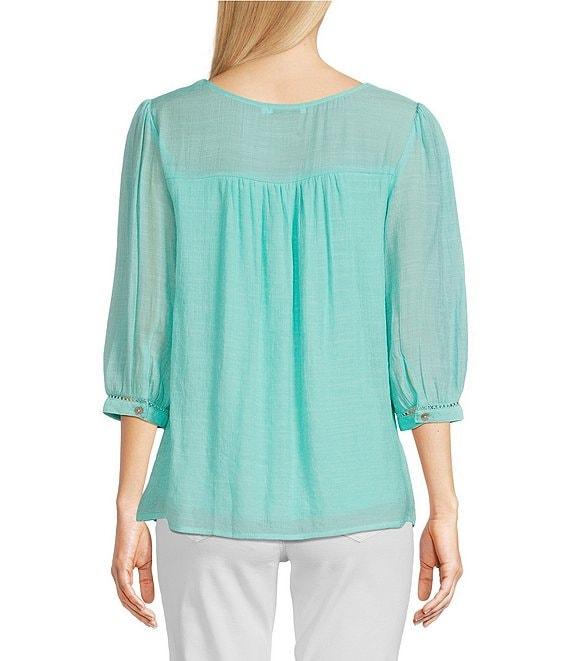 Figueroa & Flower Scoop Neck 3/4 Sleeve Lace Yoke Blouse Product Image