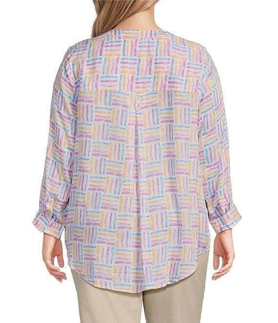 Intro Plus Size Woven Orchid Bouquet Split V-Neck 3/4 Roll-Tab Sleeve Button-Front Shirt Product Image